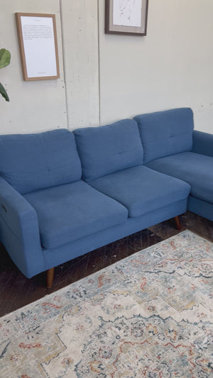FREE DELIVERY! 🚚 - Mid Century Blue Sectional Couch with Chaise and Charging Ports