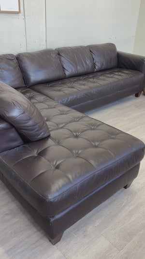 FREE DELIVERY! 🚚 - Real Genuine Leather Dark Brown Tufted Modern Sectional Couch with Chaise