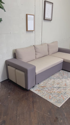 FREE DELIVERY! 🚚 - Gray & Tan Modern Sleeper Sectional Couch with Chaise, Storage, and 2 Stored Ottomans