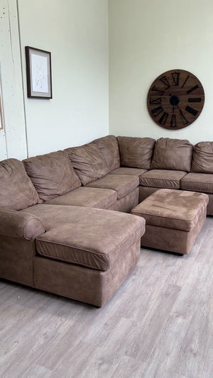FREE DELIVERY! 🚚 - Brown Synthetic Leather U Sectional Couch with Chaise and Storage Roller Ottoman